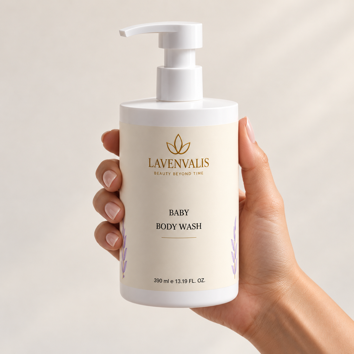 Lavenvalis Baby Body Wash390ml — held by adult hand