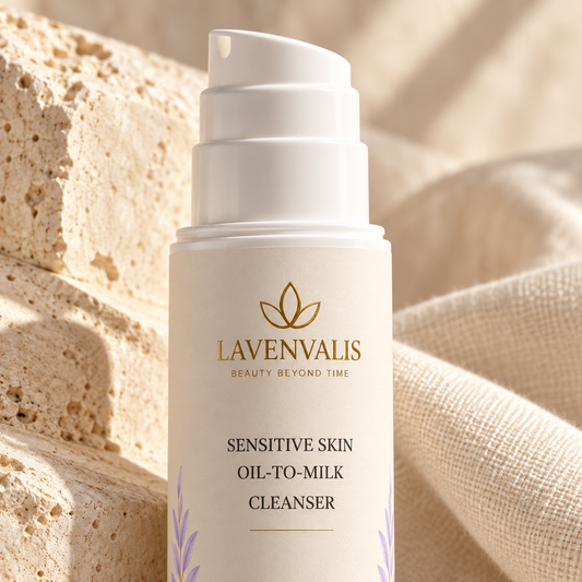 Lavenvalis Sensitive Skin Oil-To-Milk Cleanser 150 ml — pump and label macro