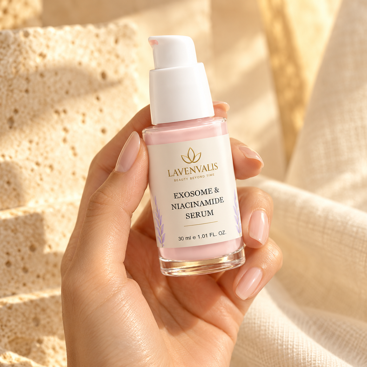 Lavenvalis Exosome & Niacinamide Serum 30 ml — bottle held in hand