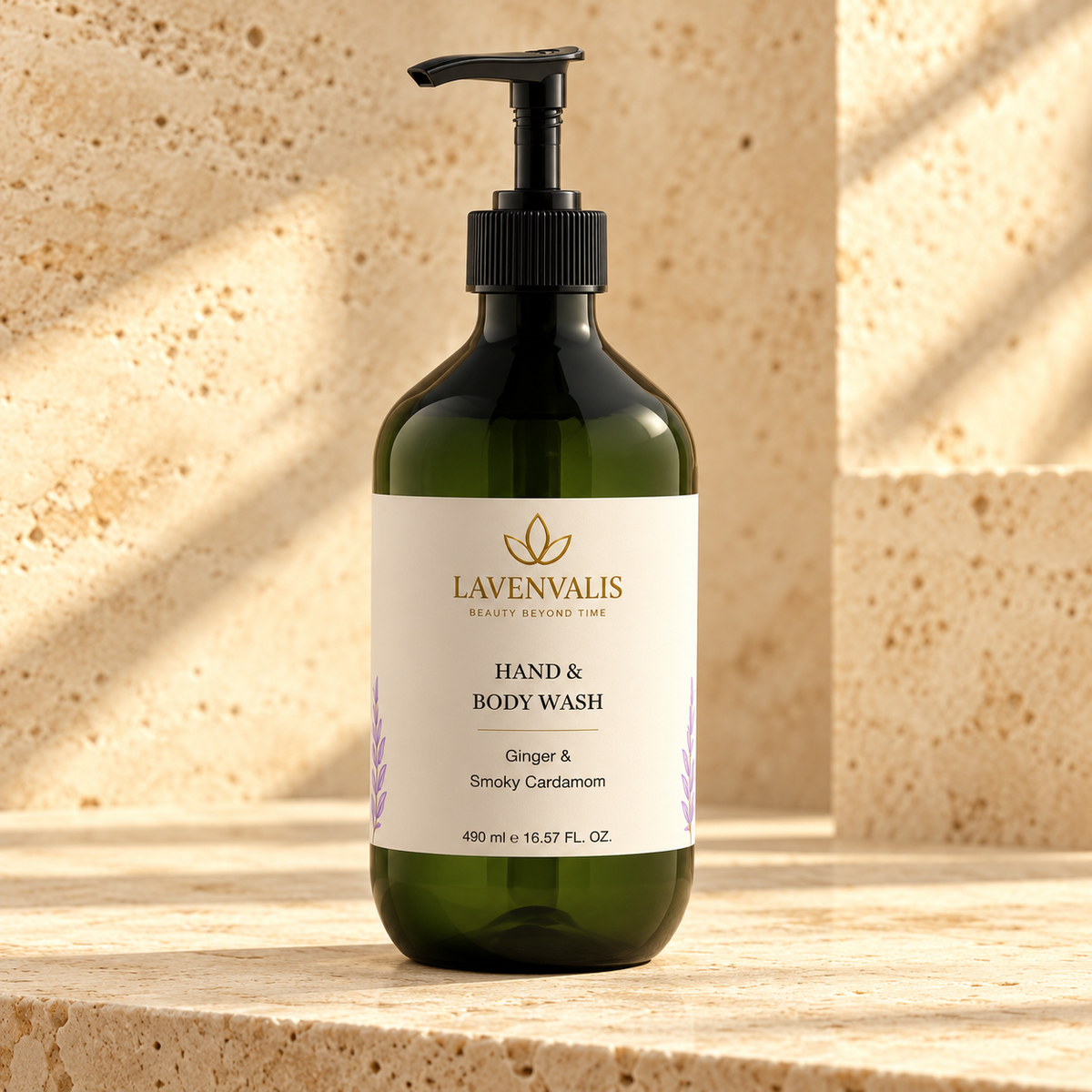 Lavenvalis Hand & Body Wash Ginger & Smoky Cardamom 490 ml — front bottle