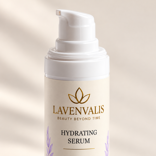 Lavenvalis Hydrating Serum pump and label macro