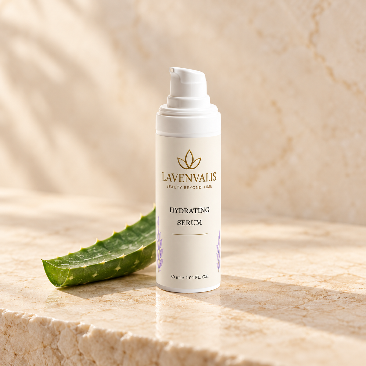 Lavenvalis Hydrating Serum with aloe leaf, botanical ingredient illustration