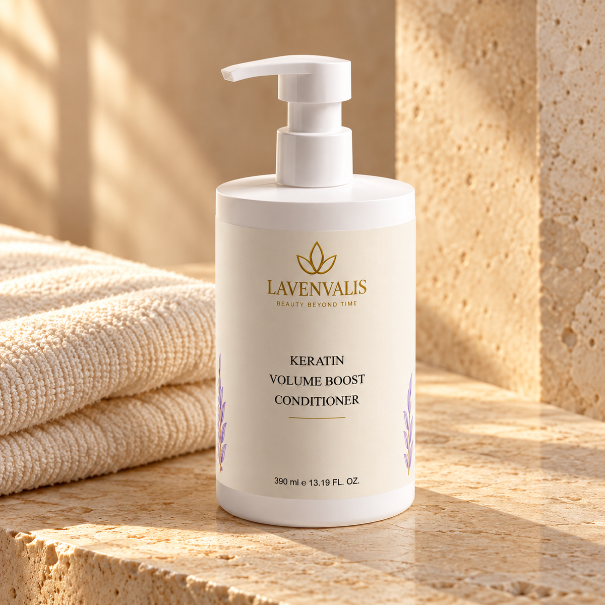 Lavenvalis Keratin Volume Boost Conditioner 390 ml — hair care still life