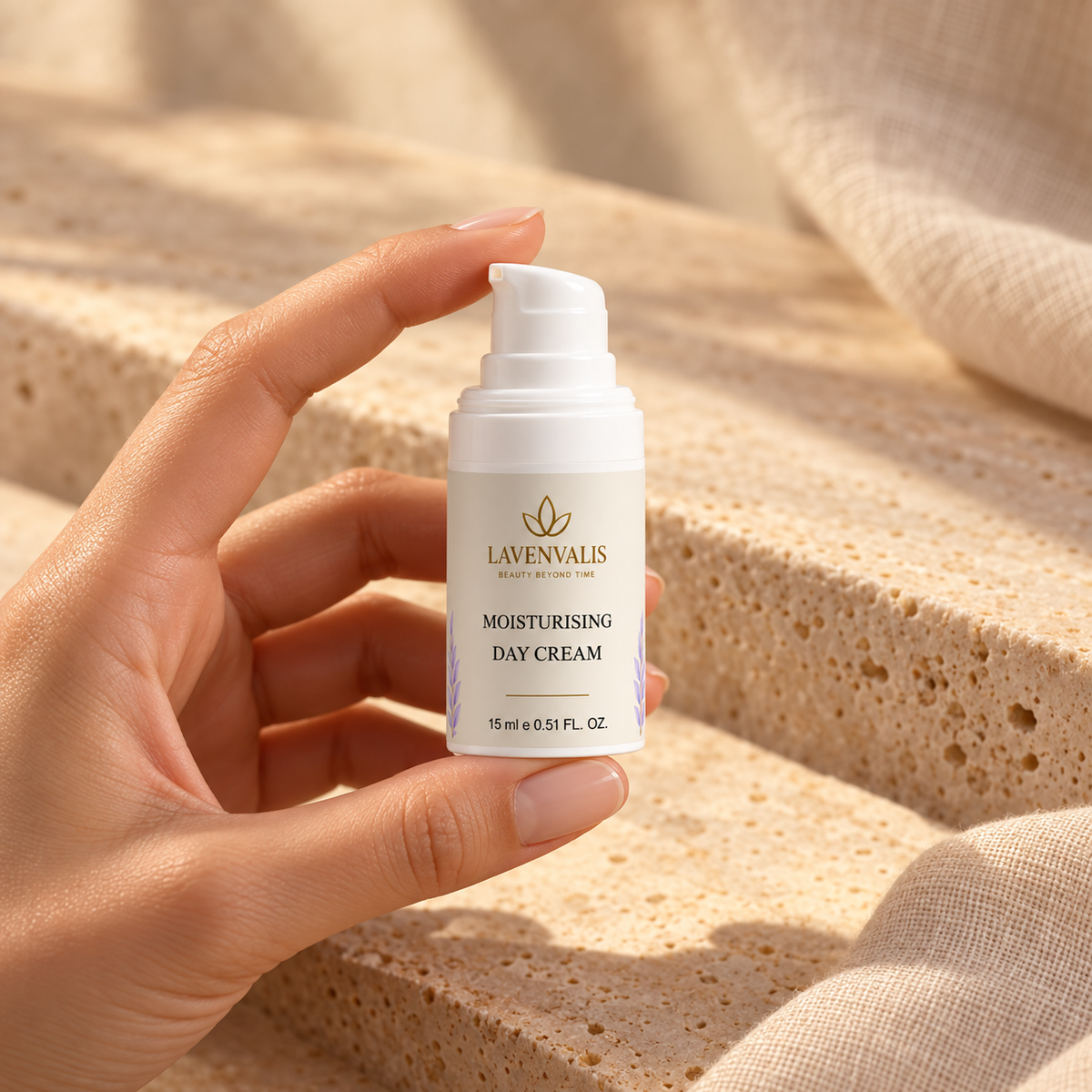 Lavenvalis Moisturising Day Cream 15 ml — held in hand
