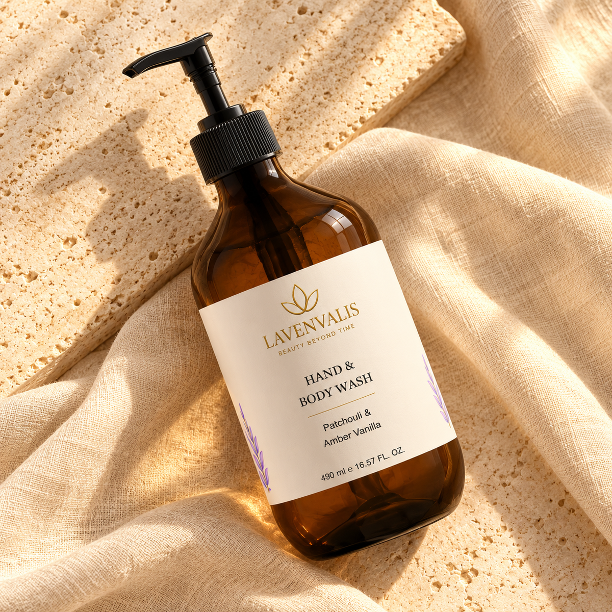 Lavenvalis Patchouli & Amber Vanilla Hand & Body Wash 490 ml — diagonal bottle