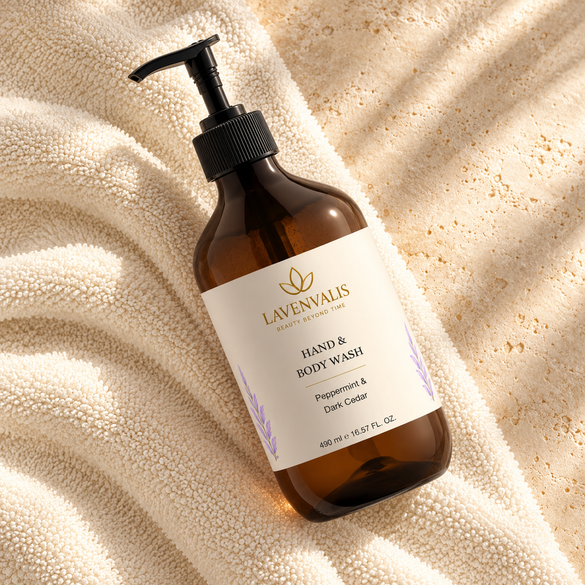 Lavenvalis Hand & Body Wash Peppermint & Dark Cedar490ml — diagonal flat lay