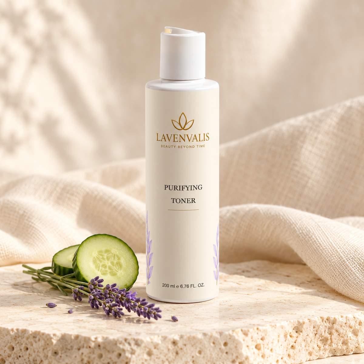 Lavenvalis Purifying Toner 200 ml — cucumber and lavender ingredient illustration