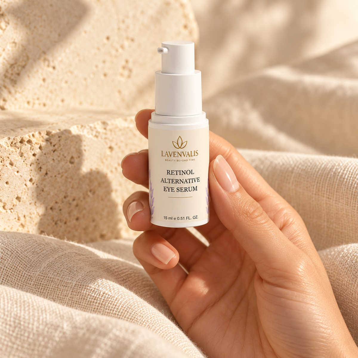 Lavenvalis Retinol Alternative Eye Serum 15 ml — held in hand — generated campaign illustration