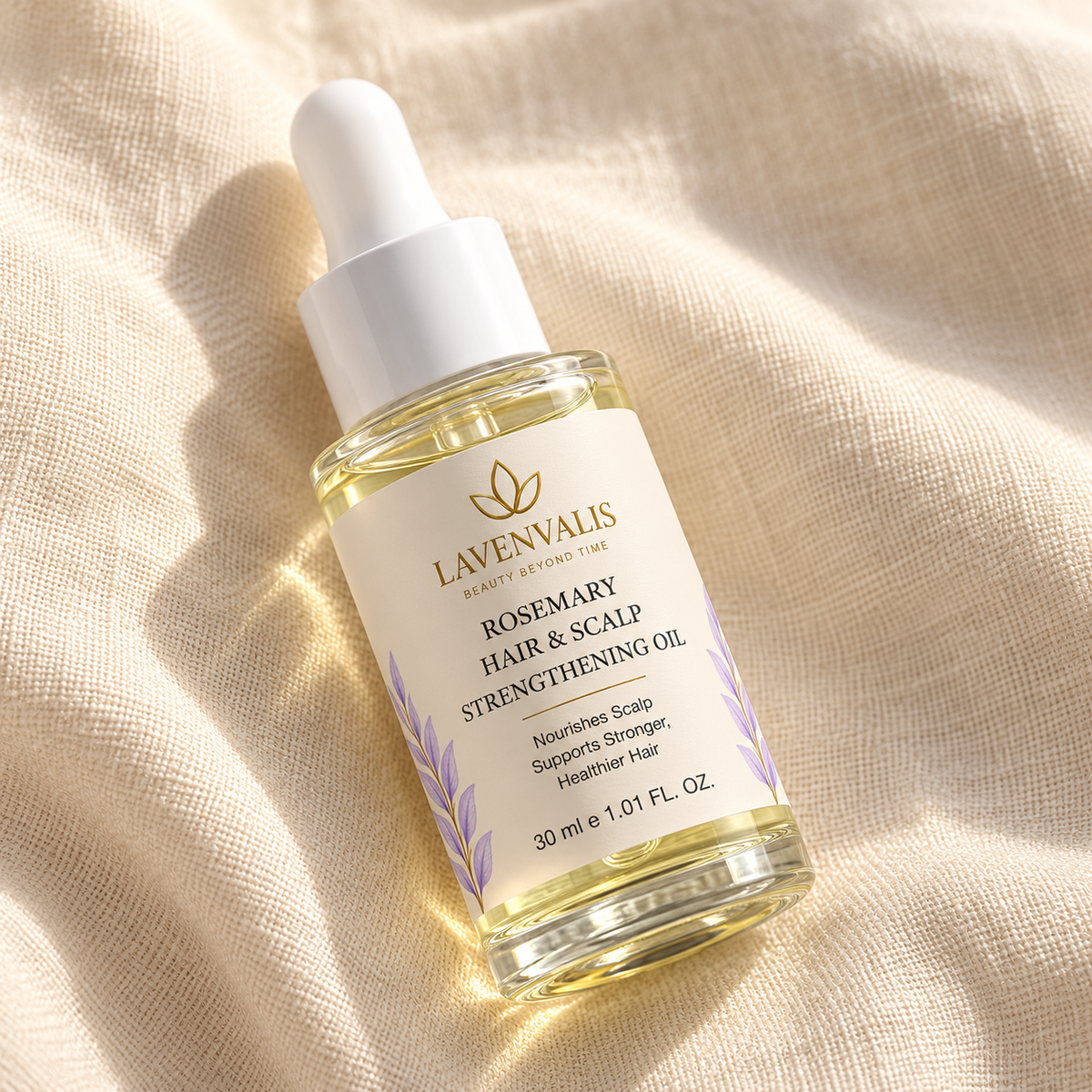 Lavenvalis Rosemary Hair & Scalp Strengthening Oil 30 ml — diagonal flat lay