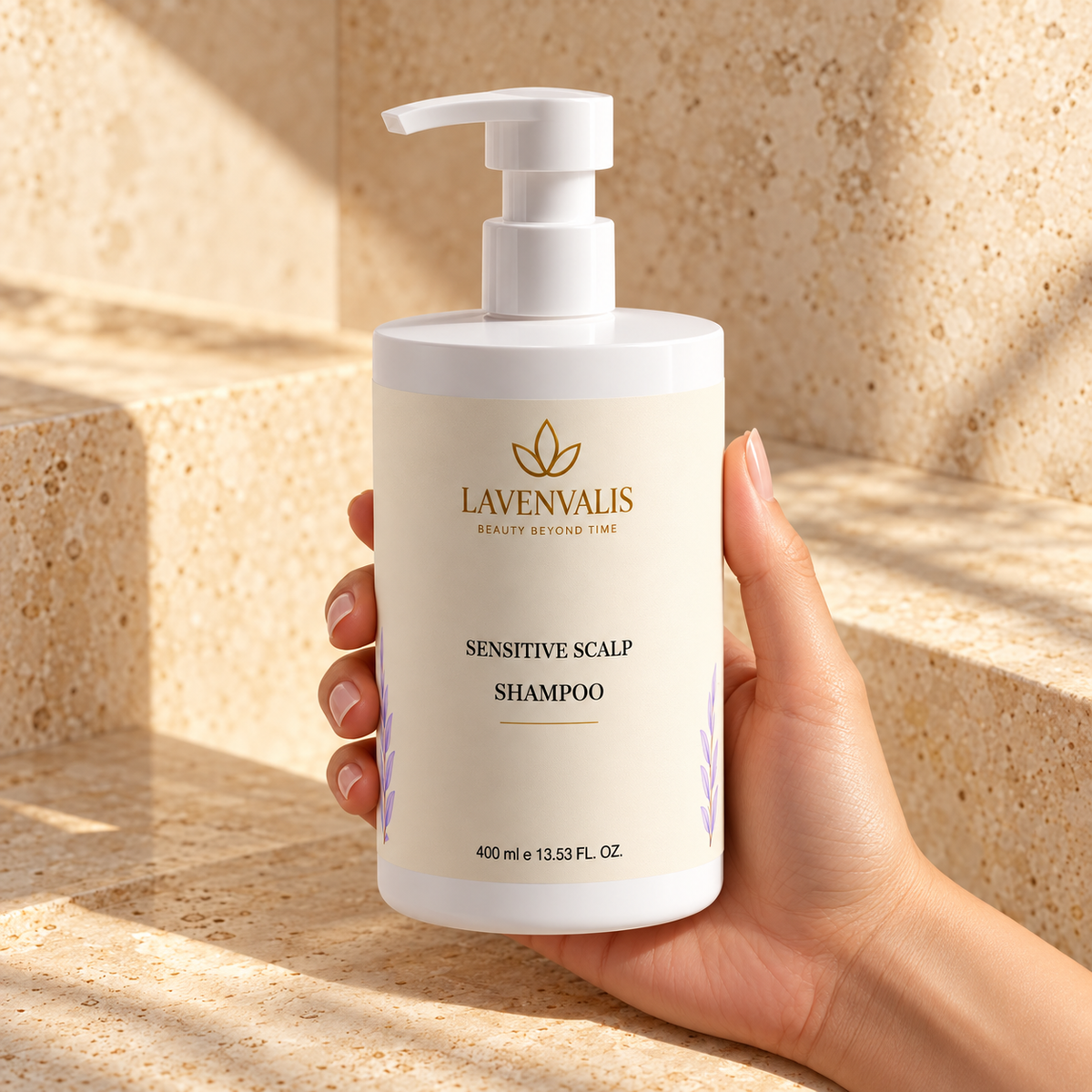 Lavenvalis Sensitive Scalp Shampoo 400 ml — bottle in hand