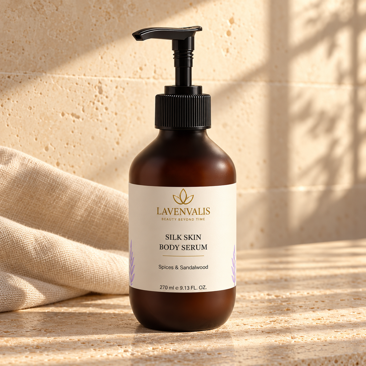 Lavenvalis Silk Skin Body Serum Spices & Sandalwood 270 ml — front bottle