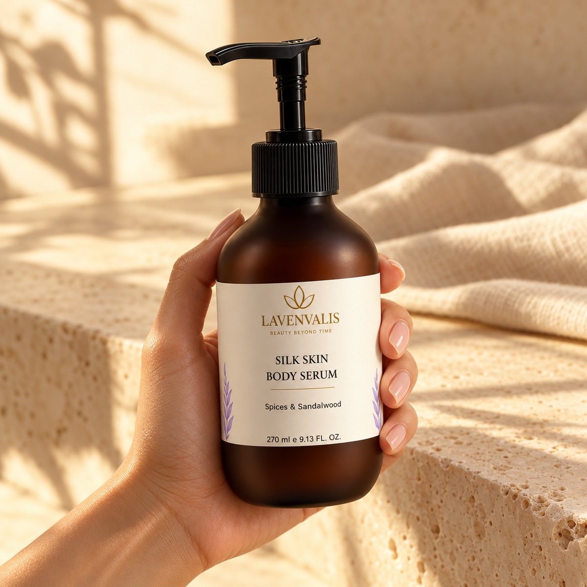 Lavenvalis Silk Skin Body Serum Spices & Sandalwood 270 ml — bottle in hand