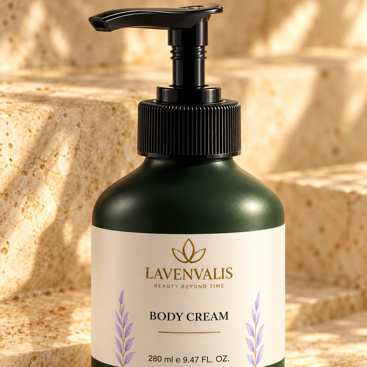 Lavenvalis Body Cream 280 ml — pump and label detail