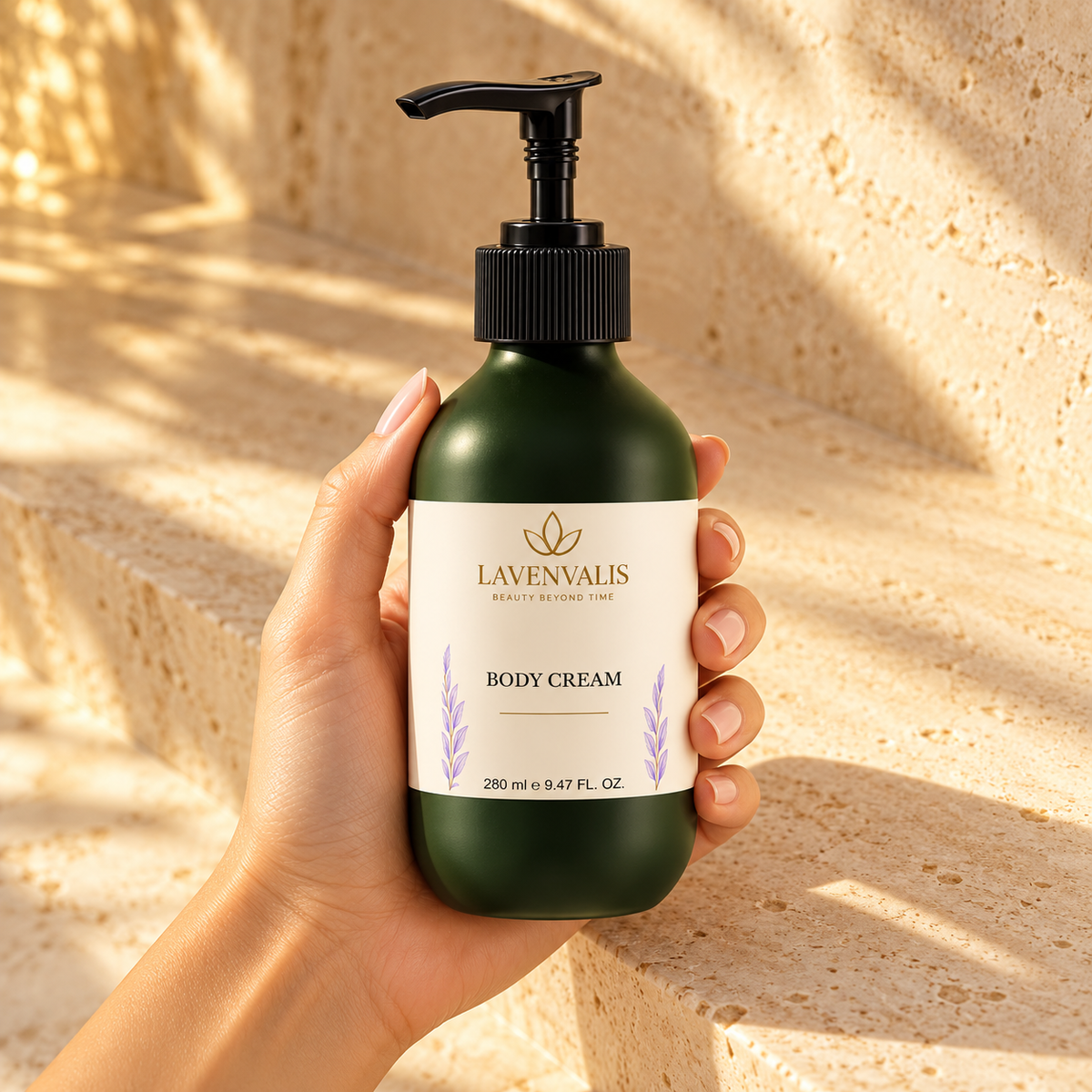 Lavenvalis Body Cream 280 ml — bottle in hand