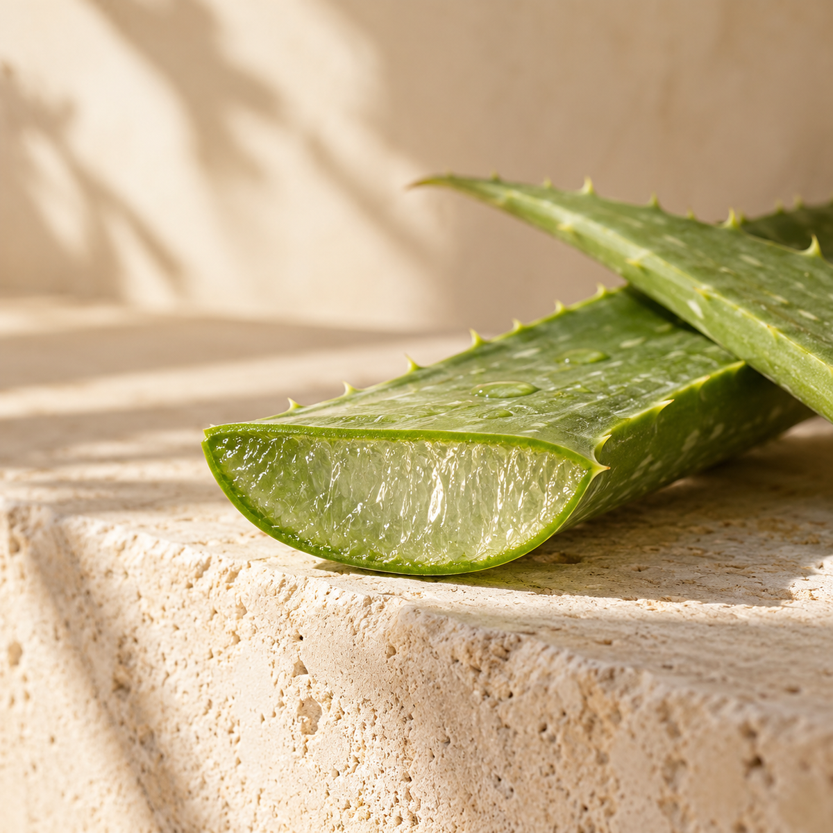 Aloe vera leaf and cross section on pale stone — ingredient illustration