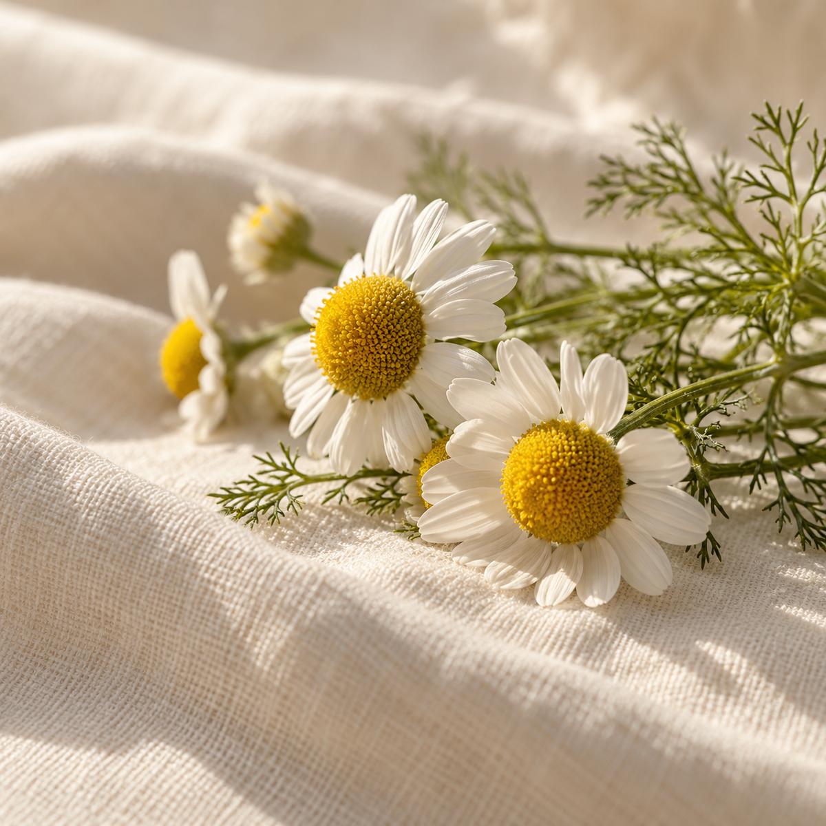 Chamomile flowers with delicate leaves on linen — ingredient illustration