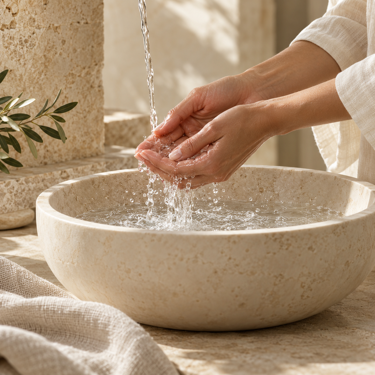 Adult hands rinsing under clear water above an ivory basin