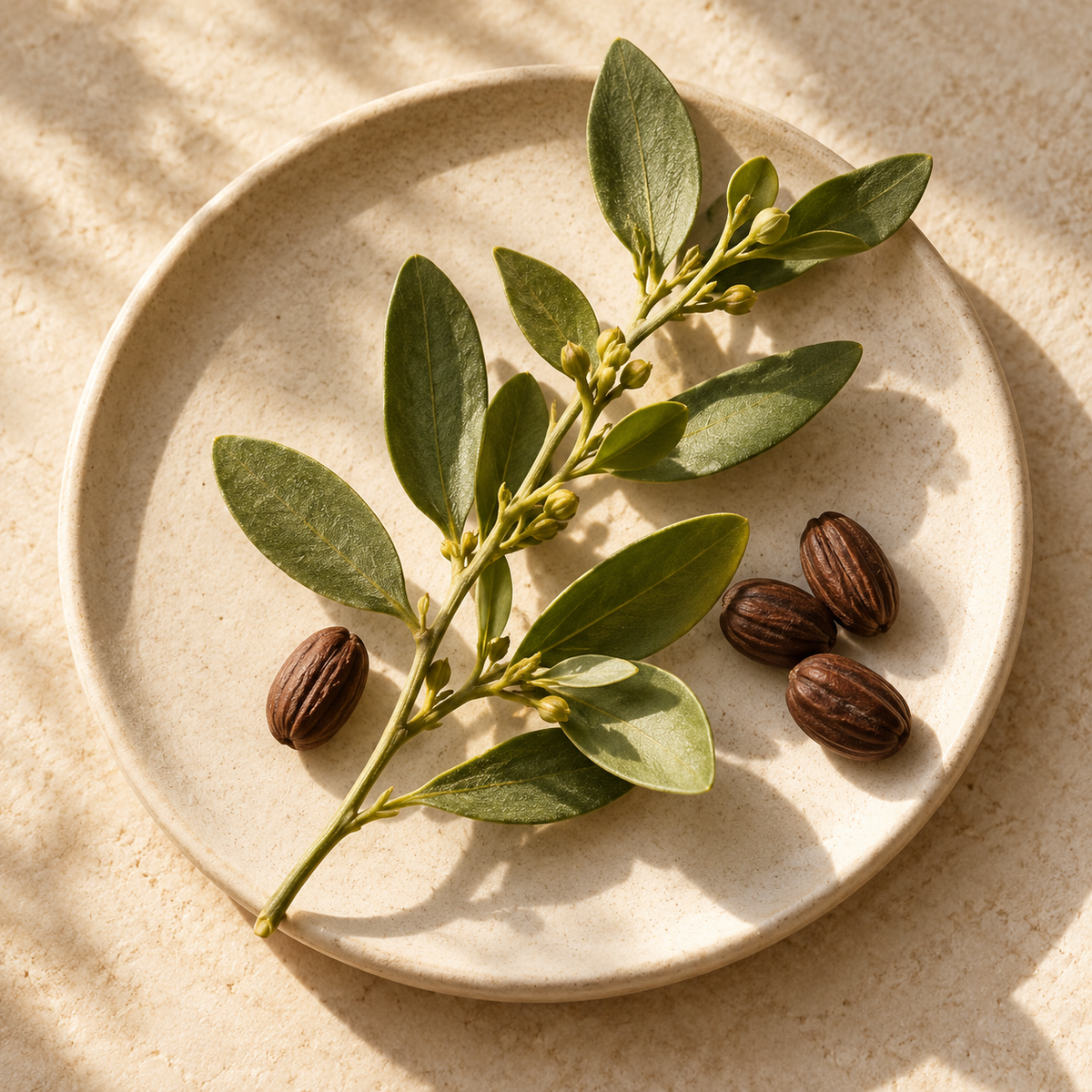 Jojoba leaves and brown seeds on an ivory ceramic dish — ingredient illustration