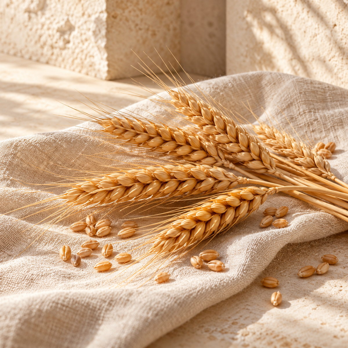 Golden wheat ears and kernels on ivory linen — ingredient illustration