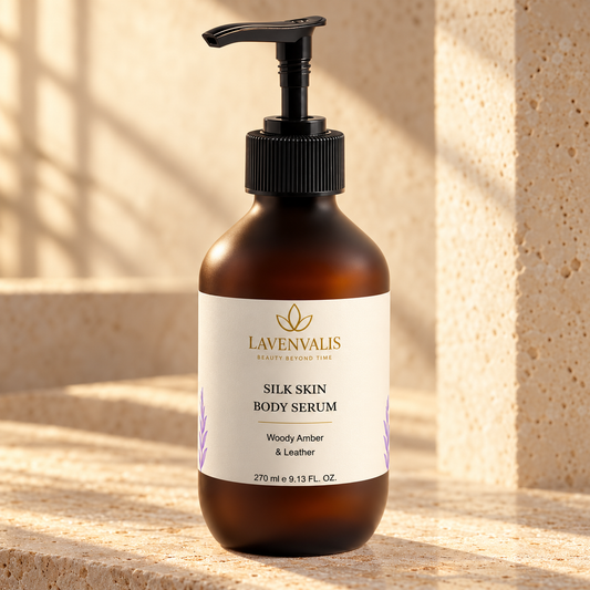 Lavenvalis Silk Skin Body Serum Woody Amber & Leather 270 ml — front bottle