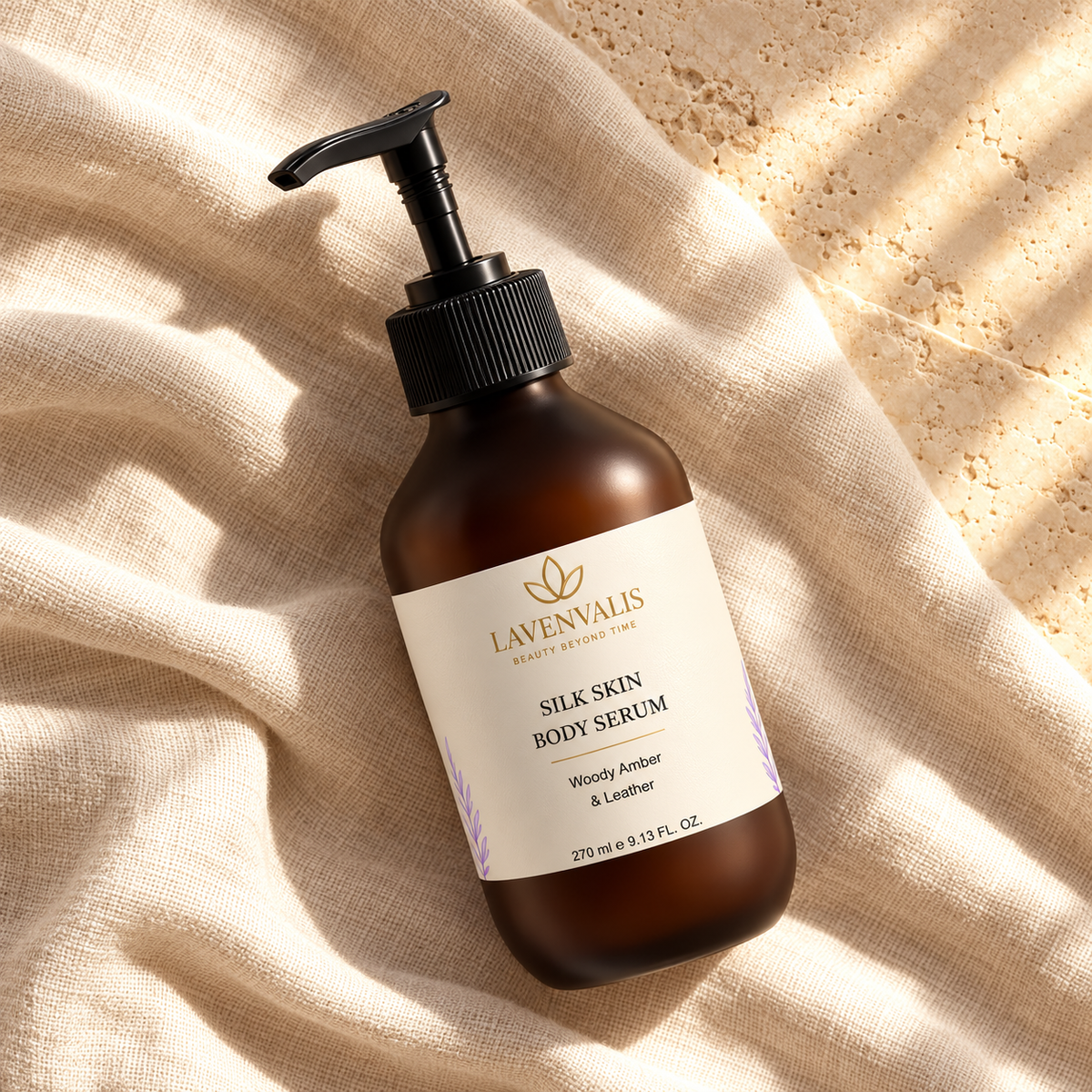 Lavenvalis Silk Skin Body Serum Woody Amber & Leather 270 ml — diagonal bottle
