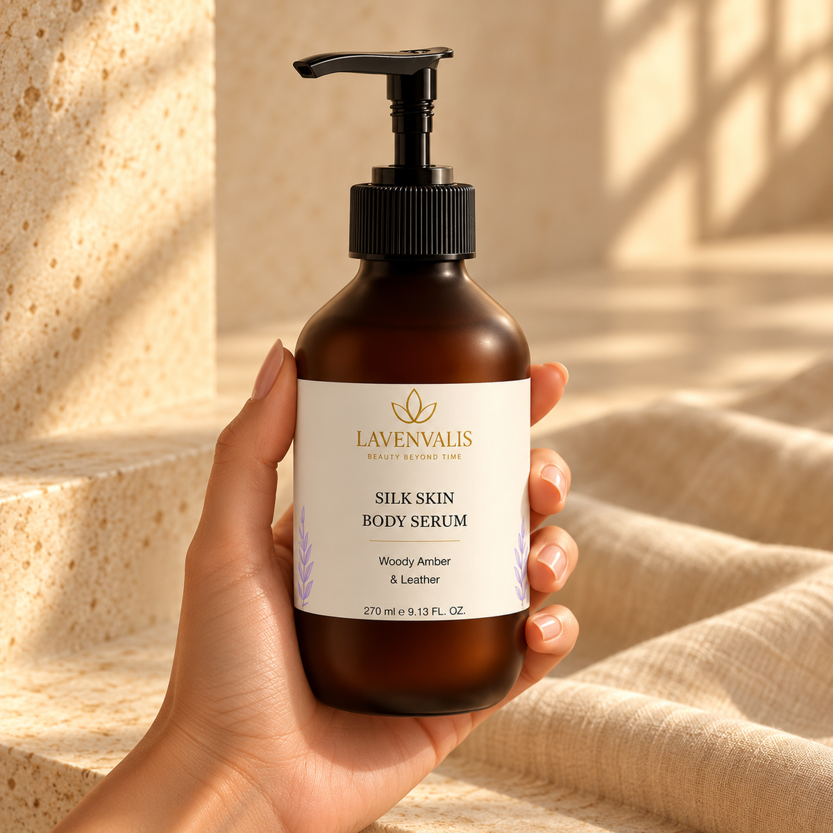 Lavenvalis Silk Skin Body Serum Woody Amber & Leather 270 ml — bottle in hand