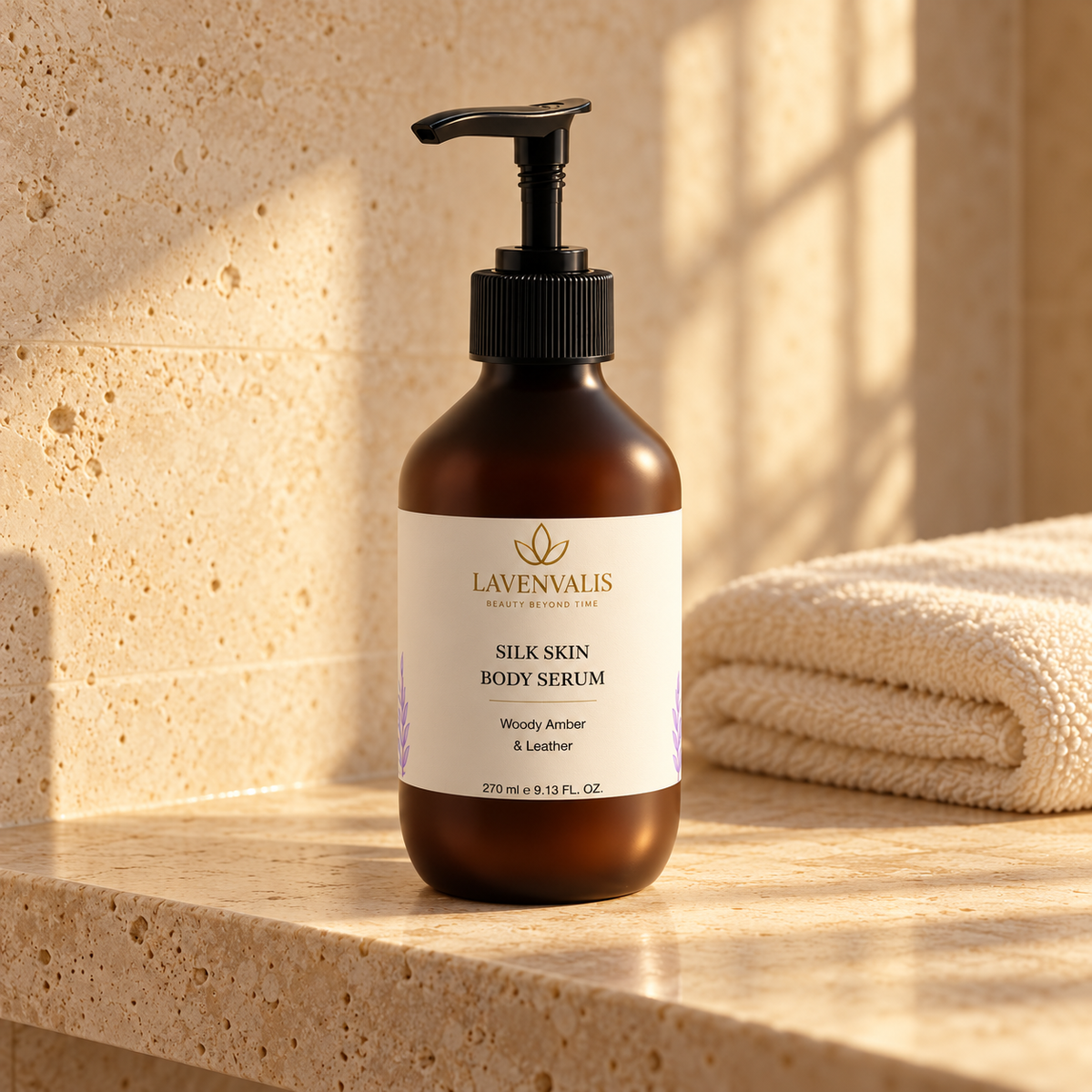 Lavenvalis Silk Skin Body Serum Woody Amber & Leather 270 ml — bathroom still life