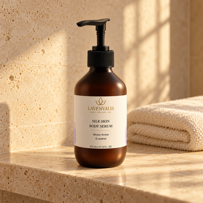 Lavenvalis Silk Skin Body Serum Woody Amber & Leather 270 ml — bathroom still life