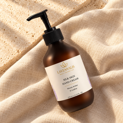 Lavenvalis Silk Skin Hand Cream Woody Amber & Leather 270 ml — diagonal flat lay