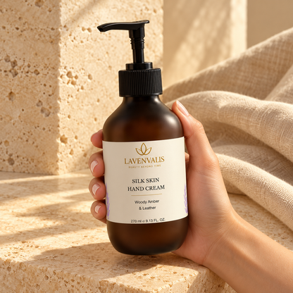 Lavenvalis Silk Skin Hand Cream Woody Amber & Leather 270 ml — held in hand