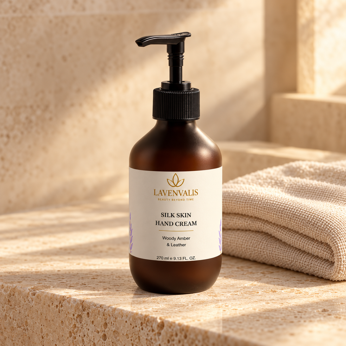 Lavenvalis Silk Skin Hand Cream Woody Amber & Leather 270 ml — hand care still life