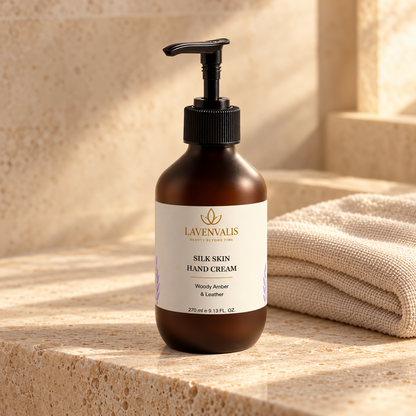 Lavenvalis Silk Skin Hand Cream Woody Amber & Leather 270 ml — hand care still life