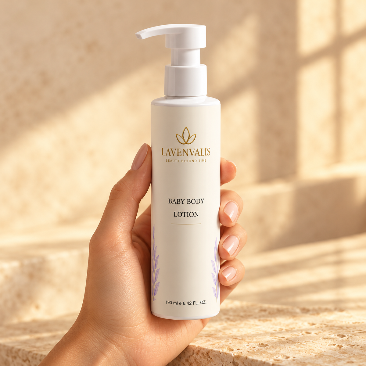 Lavenvalis Baby Body Lotion 190 ml — bottle in adult hand