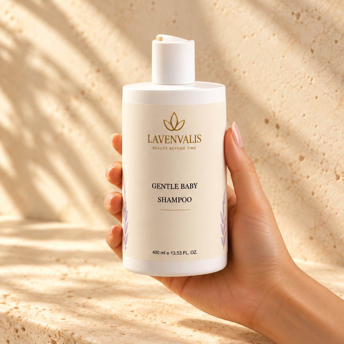 Lavenvalis Gentle Baby Shampoo 400 ml — bottle in adult hand