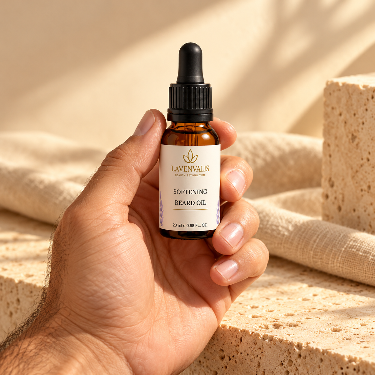 Lavenvalis Softening Beard Oil 20 ml — held in hand