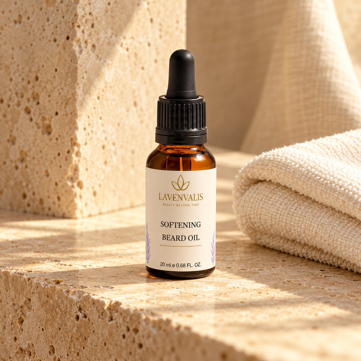 Lavenvalis Softening Beard Oil 20 ml — grooming ritual still life