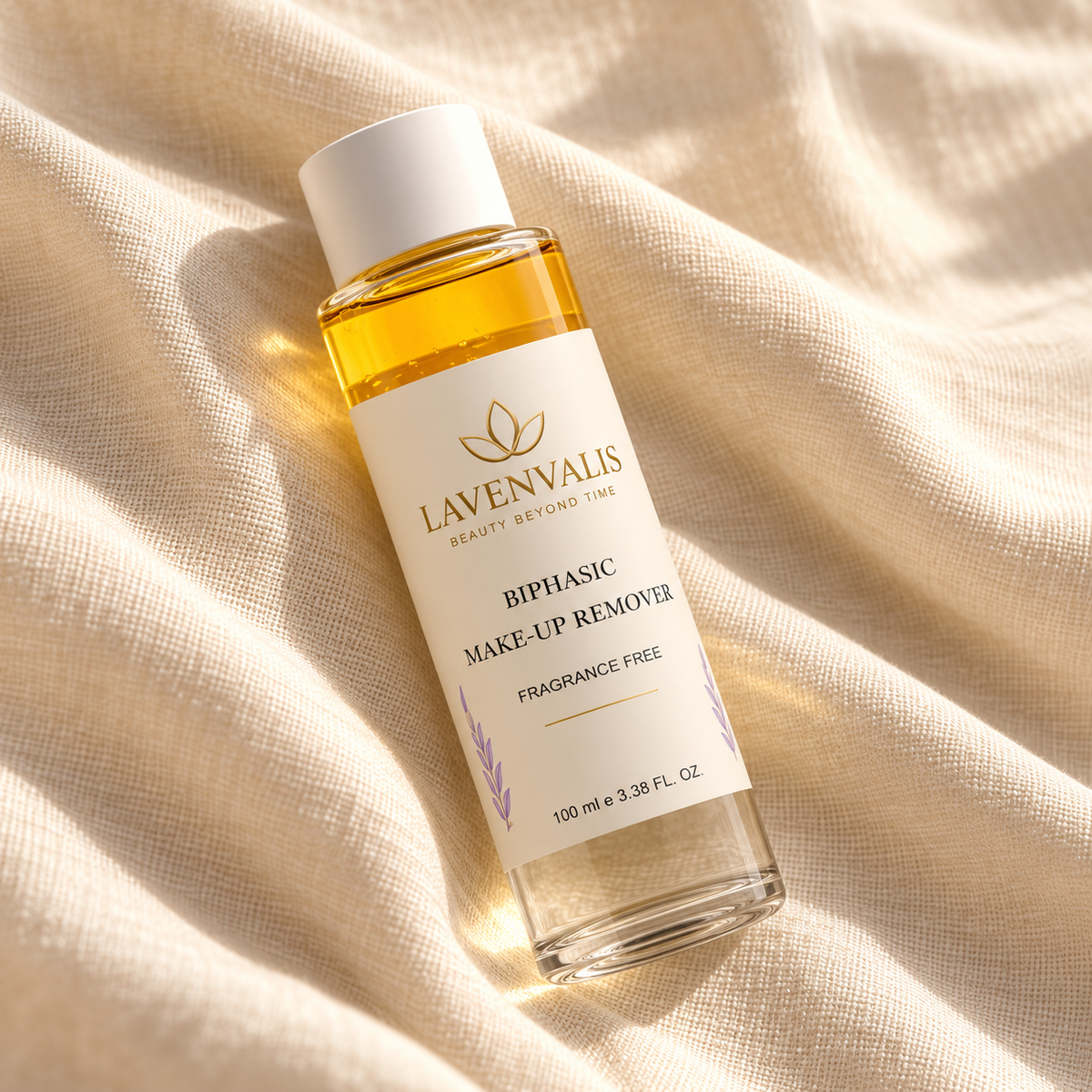 Lavenvalis BiPhasic Make-up Remover 100 ml — diagonal flat lay