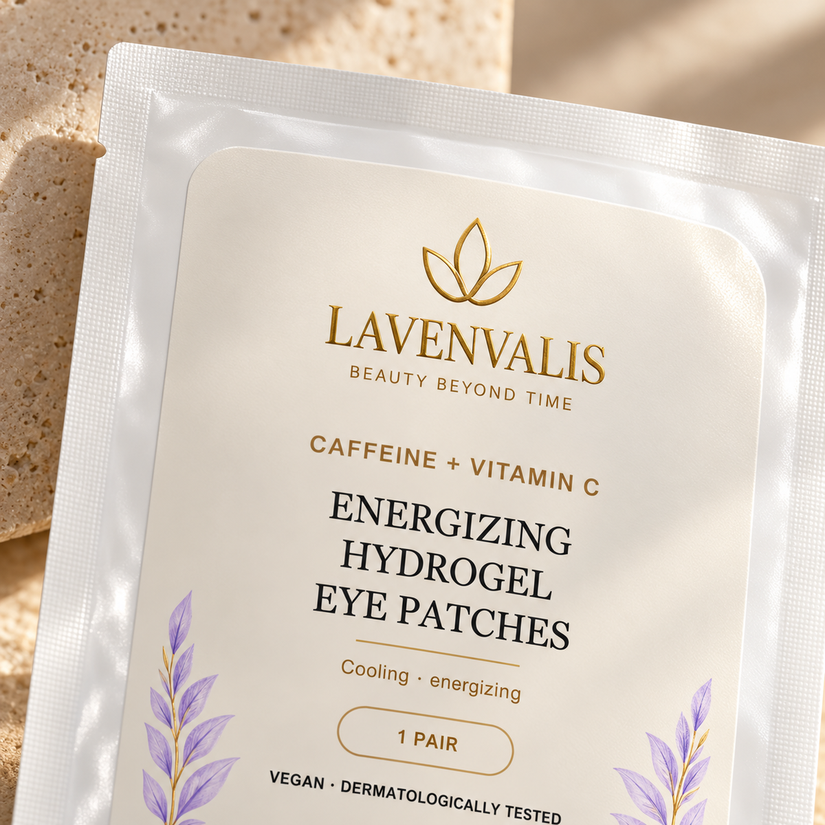 Lavenvalis Caffeine + Vitamin C Energizing Hydrogel Eye Patches — individual 1-pair sachet, label macro