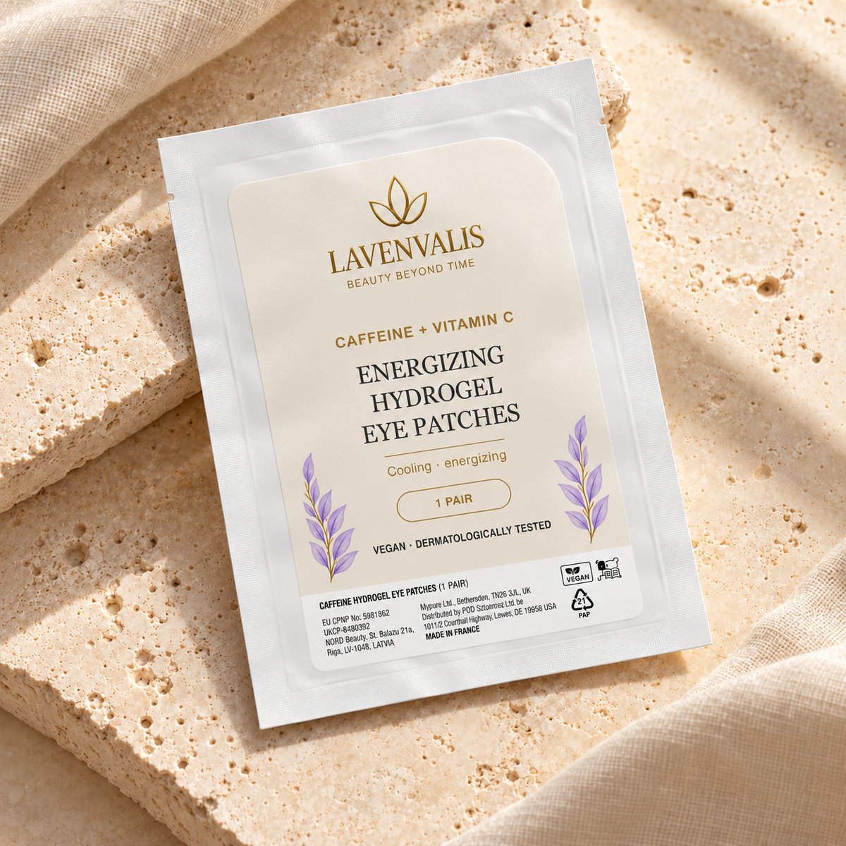 Lavenvalis Caffeine + Vitamin C Energizing Hydrogel Eye Patches — individual 1-pair sachet, diagonal view