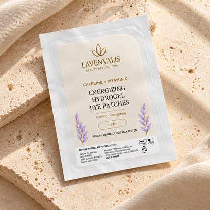 Lavenvalis Caffeine + Vitamin C Energizing Hydrogel Eye Patches — individual 1-pair sachet, diagonal view