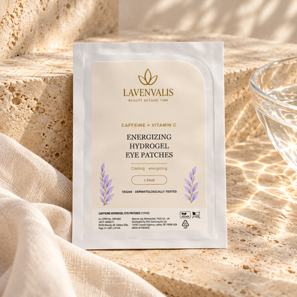 Lavenvalis Caffeine + Vitamin C Energizing Hydrogel Eye Patches — individual 1-pair sachet, ritual still life
