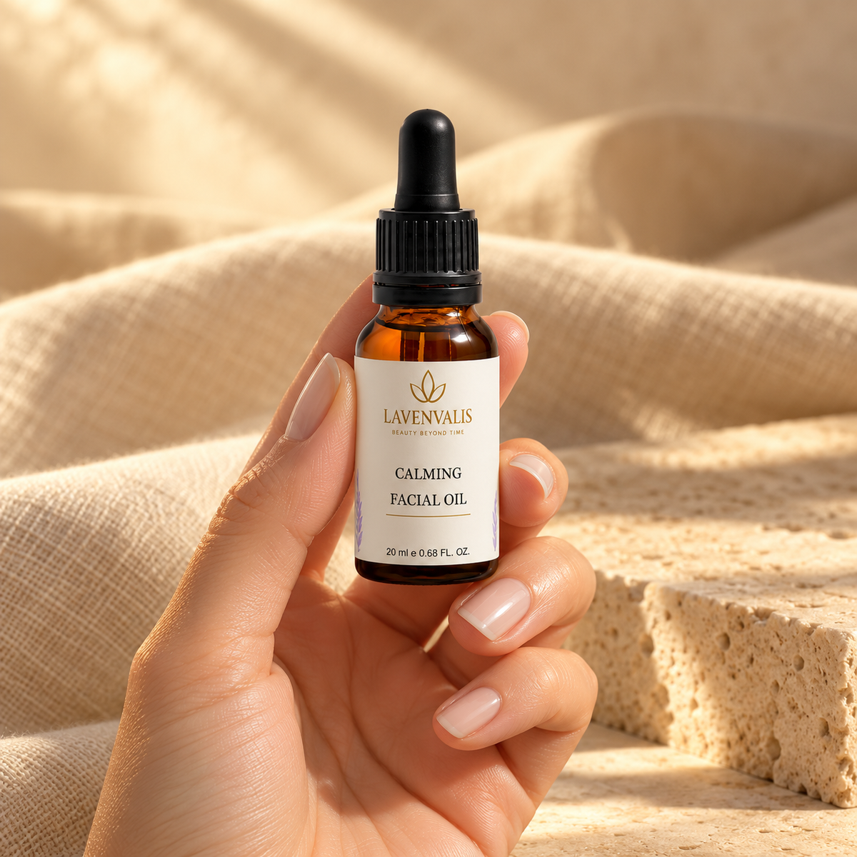 Lavenvalis Calming Facial Oil 20 ml — bottle held in hand