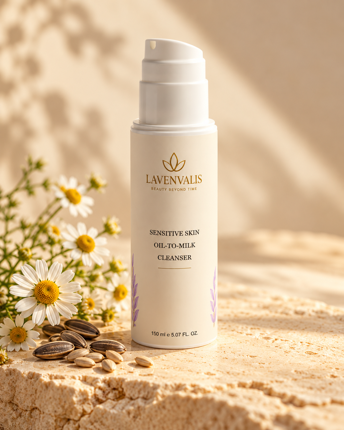 Lavenvalis cleanser with chamomile and sunflower ingredient illustration