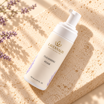 Lavenvalis Cleansing Foam150ml — diagonal full-bottle campaign view