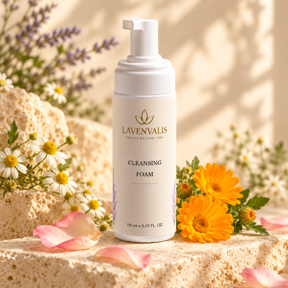Lavenvalis Cleansing Foam with rose, camomile and calendula — botanical ingredient illustration