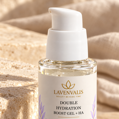 Lavenvalis Double Hydration Boost Gel + HA 30 ml — pump and glass neck detail
