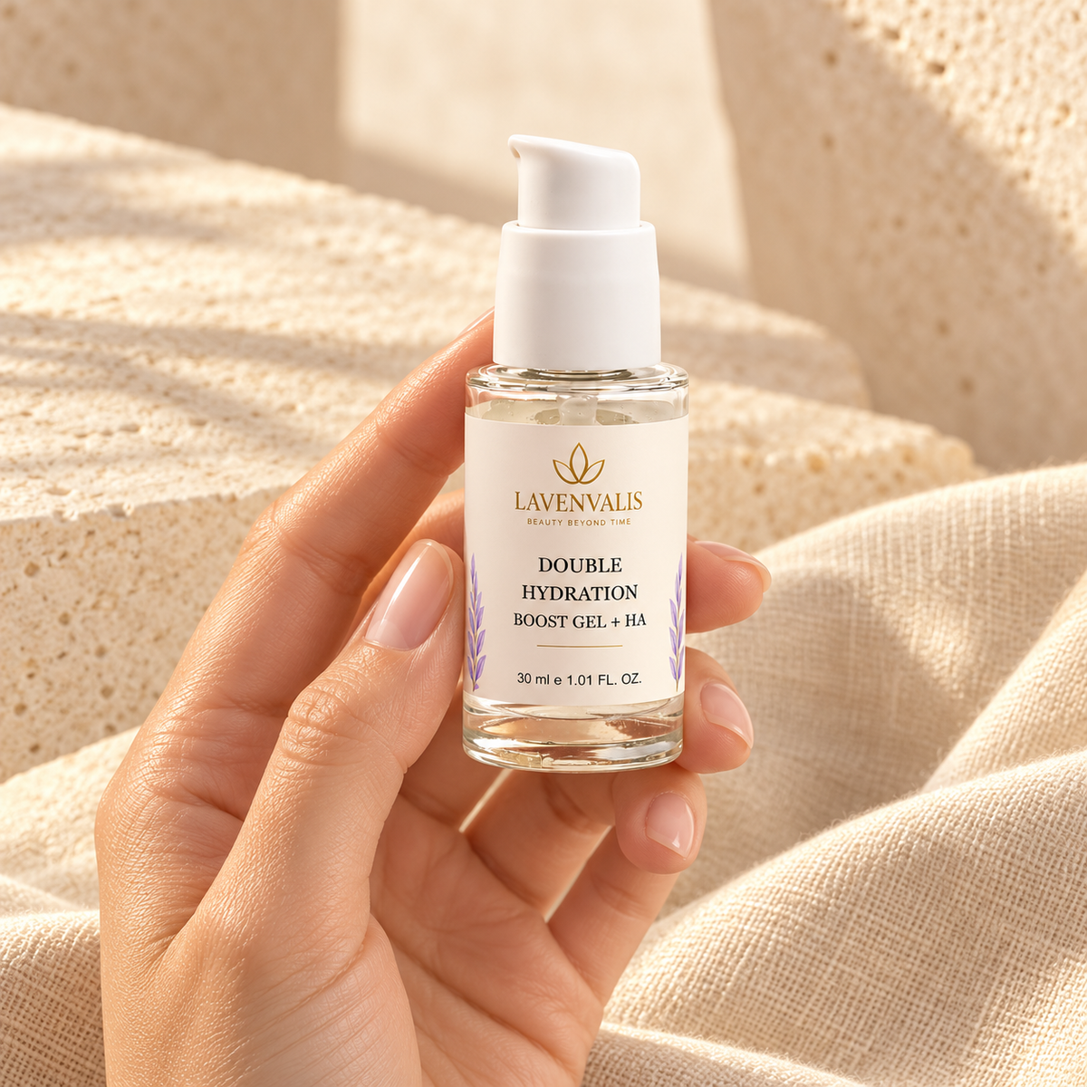 Lavenvalis Double Hydration Boost Gel + HA 30 ml — held in hand