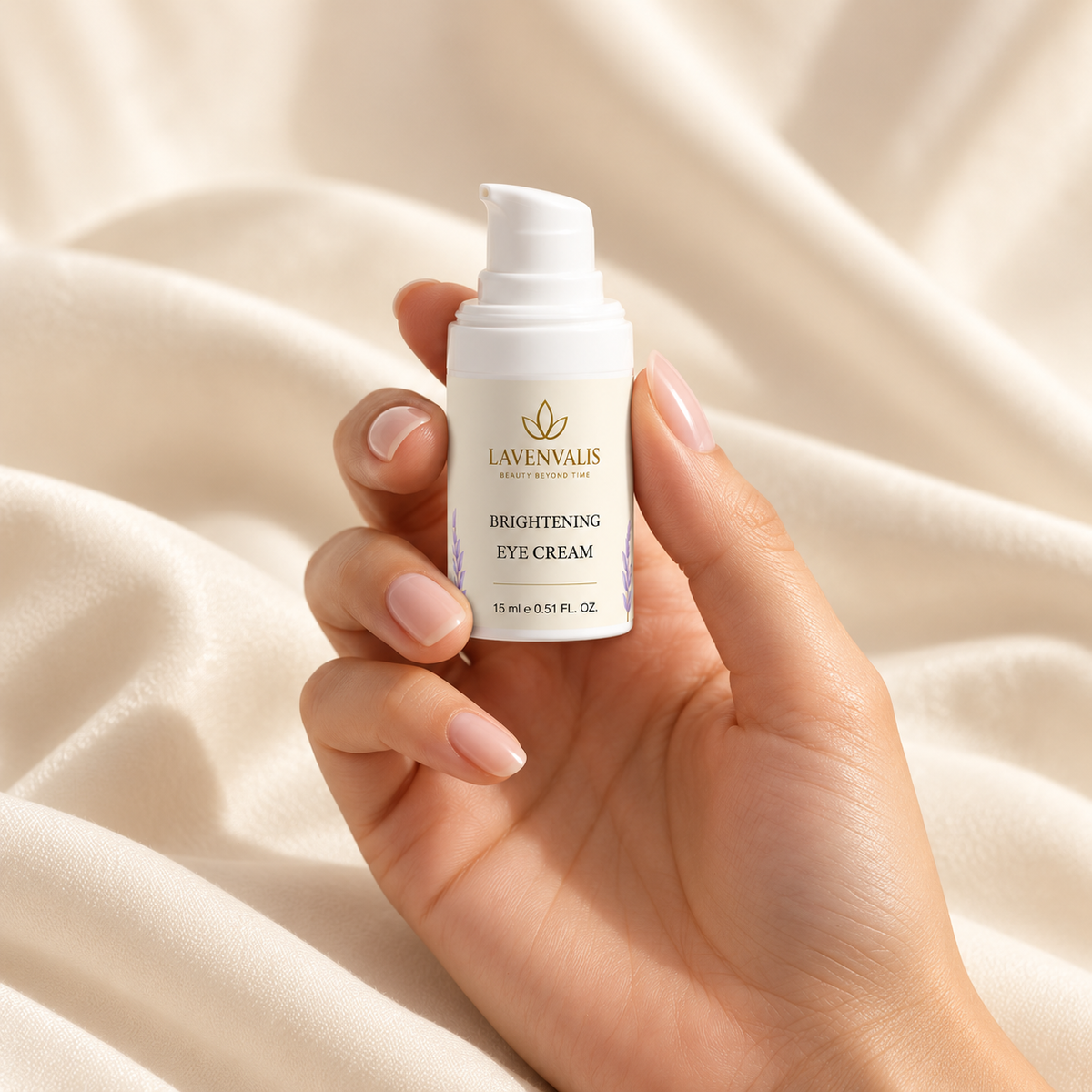 Lavenvalis Brightening Eye Cream held in hand, campaign illustration