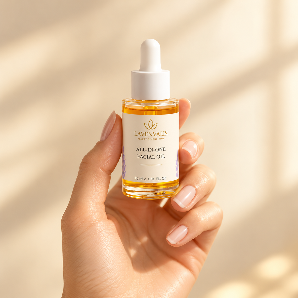 Lavenvalis All-In-One Facial Oil 30 ml — bottle held in hand
