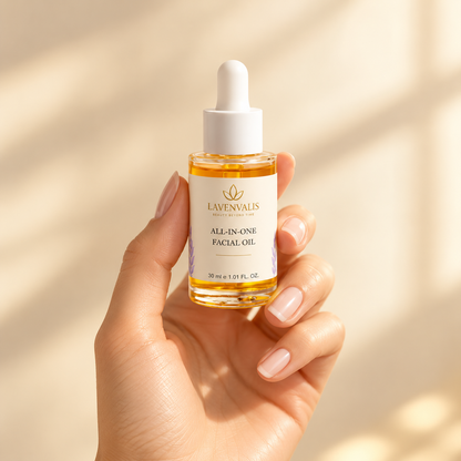 Lavenvalis All-In-One Facial Oil 30 ml — bottle held in hand